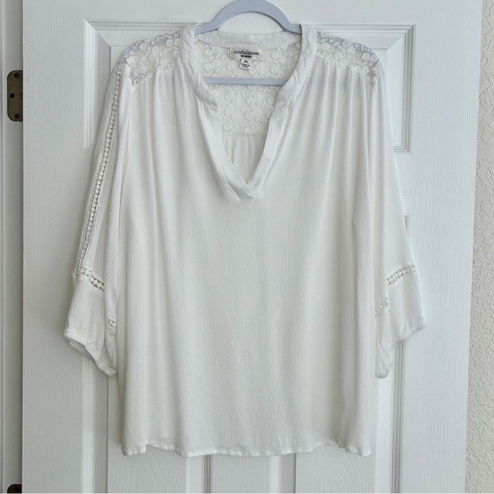 John Paul Richard Blouse Women’s 2X White Lace Boho Peasant Coastal Resort